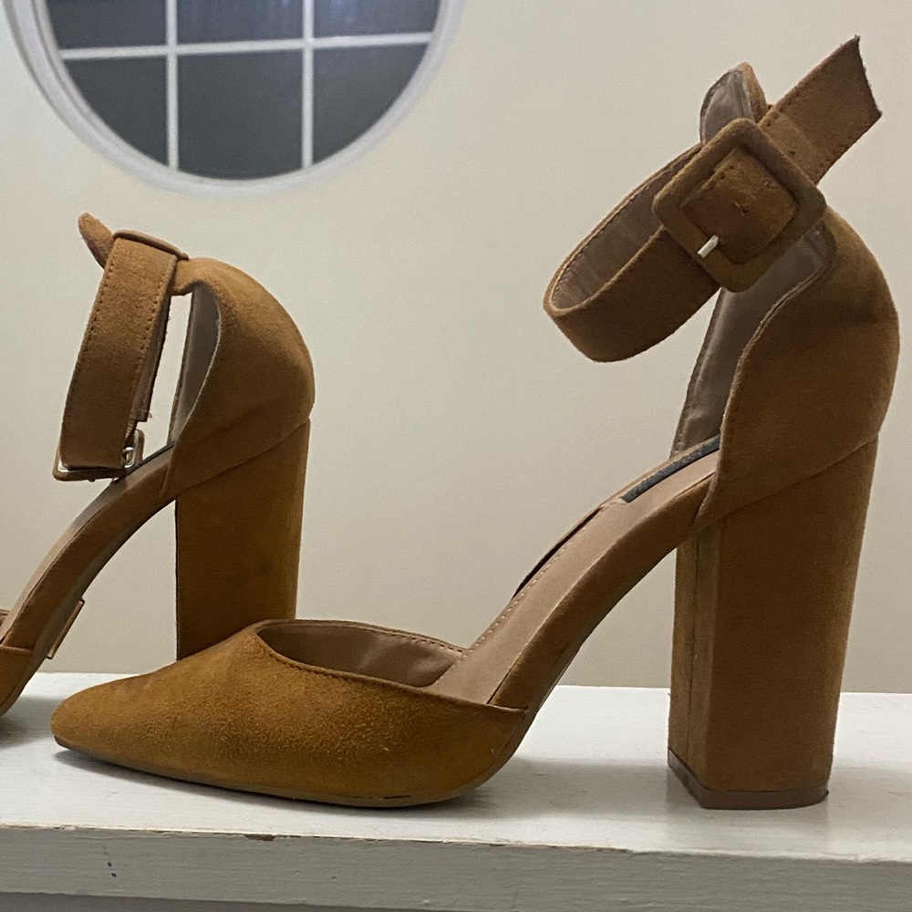 Tan Suede Block Heel Mules